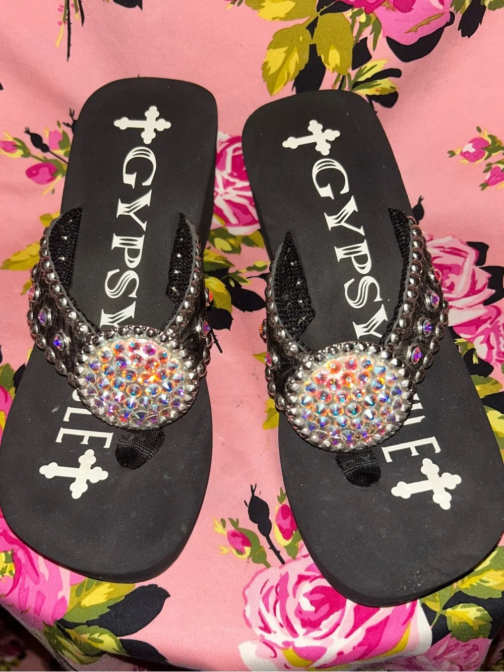Gypsy soule 3” Black crystal platform sandals flip flops 90’s Y2K vintage shoes